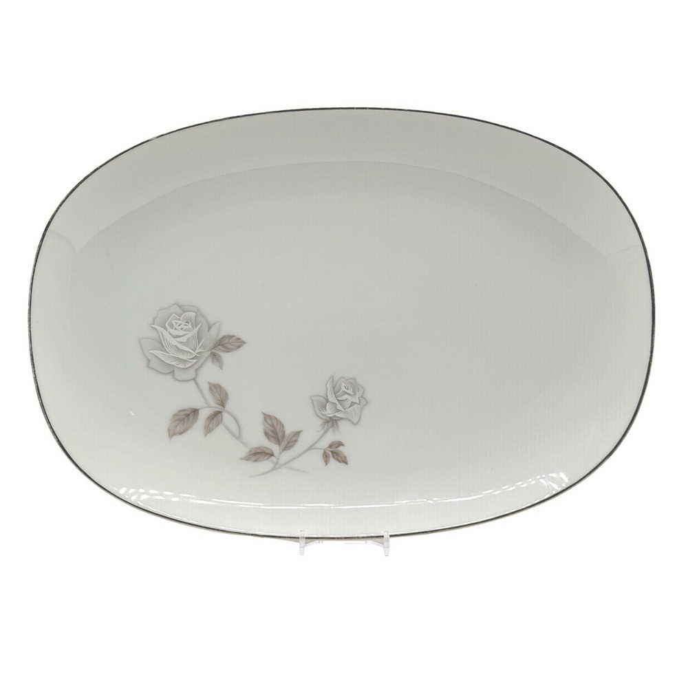 Noritake Rosay 6216 Oval Serving Platter China White Platinum Rose Vintage Japan